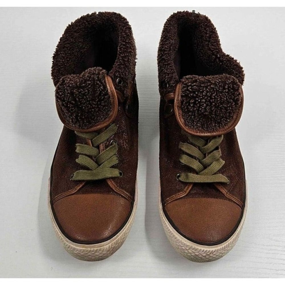 Aldo Brown Leather Ankle Shoe Boot Zip Back Fur Lined Green Lace Sz 40 US 9